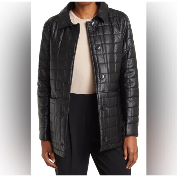 SAM Edelman Faux Leather Box Quilted Shacket Coat Black Size Medium - Picture 2 of 8